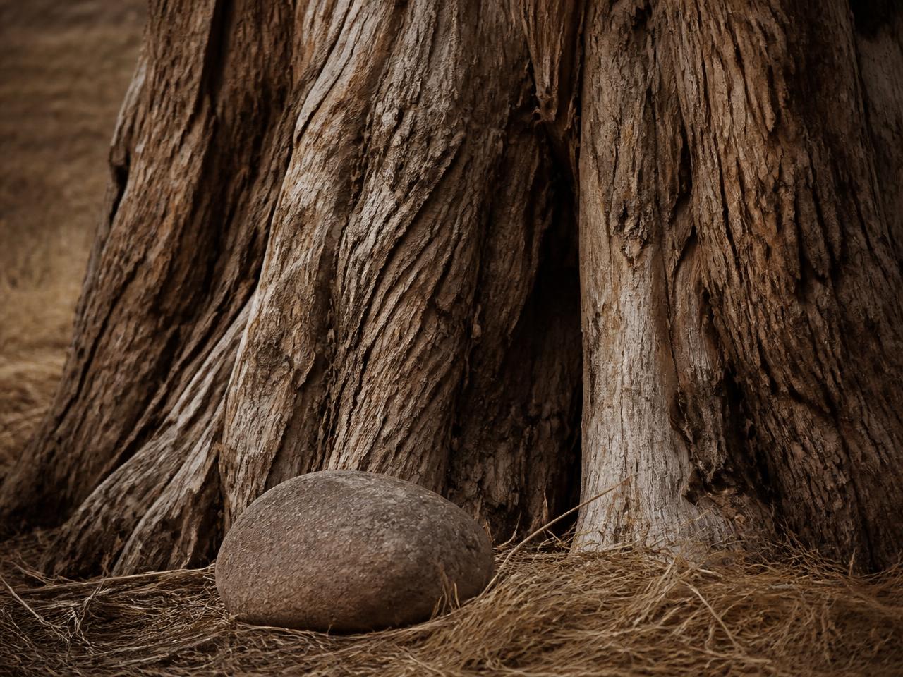 A simple natural stone at the base of a tree